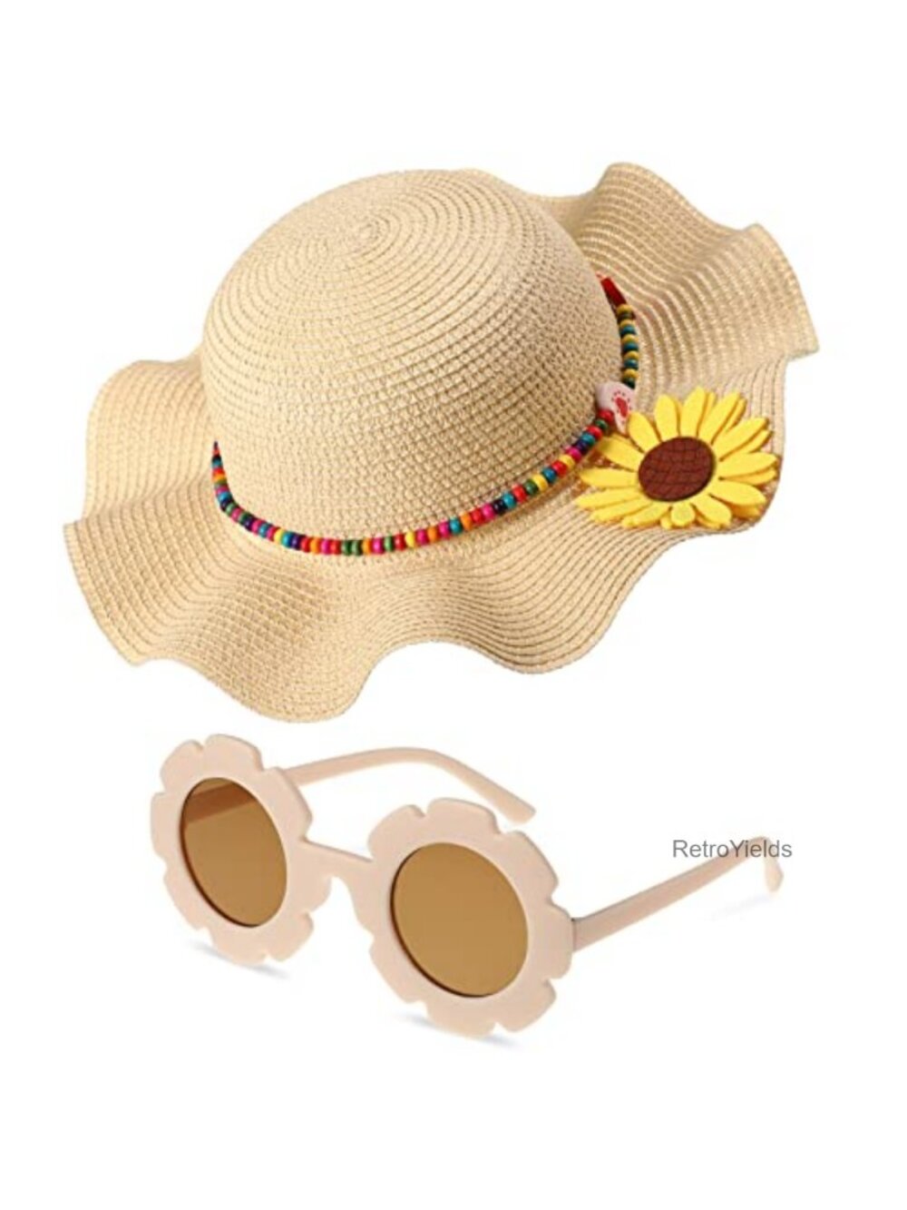 Girls Straw Sun Hat with Sunglasses, Kids Summer Beach Floppy Cap, Wavy Brim,